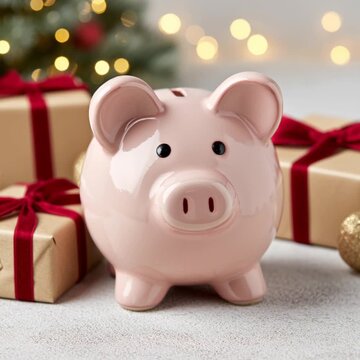 Handcrafted pink piggy bank, eco-friendly gifts, 'Crem&egrave;le Neutral' surface. Feature a handcrafted pastel pink piggy bank as a sustainable holiday gift.