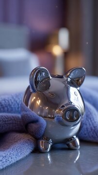Sleek chrome piggy bank, 'Future Dusk' purple-blue luxury bedroom. Contrast a sleek, reflective chrome piggy bank with soft 'Vapor Blue' cashmere.