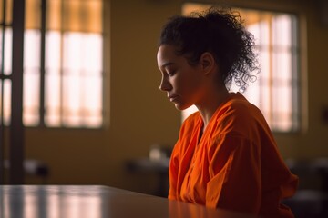 Sad Female Inmate in Profile at a Prison Table