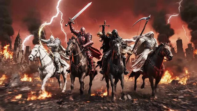 The Four Horsemen of the Apocalypse riding through a burning city. War, Death, Famine, and Conquest bring destruction. Biblical end of the world prophecy concept