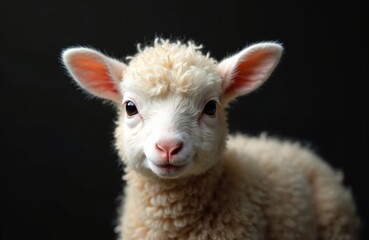 Obraz premium Close up portrait of a young fluffy lamb looking directly at camera. Cute innocent baby sheep with soft wool and gentle eyes. Rural farm animal on dark background.
