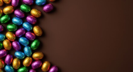 Obraz premium A festive Easter background showing colorful foil wrapped chocolate eggs scattered across a rich dark brown surface with ample room for text ,wallpaper ,texture ,holiday