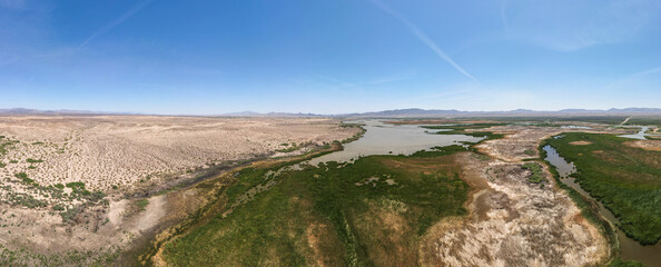 Aerial nature landscape desert Goose lake mountain and vegetation Golden Shores Arizona AZ © Andrew