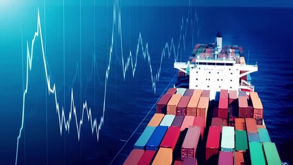 A large container ship sails on the ocean, overlaid with a dynamic stock market graph line, symbolizing global trade, shipping, financial logistics, market volatility, and economic success. - Powered by Adobe