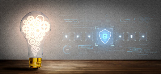 A concept of an advanced cybersecurity system. The futuristic interface shows a multi-factor authentication process using a secure password or PIN for enhanced data protection. Fermion