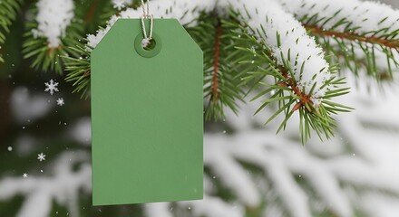 A blank green tag hangs from a snow-covered pine tree branch during winter.