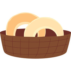 Two Light Brown Bagels in a Dark Brown Woven Basket Against a Transparent Background Simple Vector Illustration
