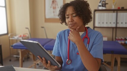 Woman doctor examines tablet with hand on chin and draped red stethoscope in bright clinic examination room; concern. - Powered by Adobe