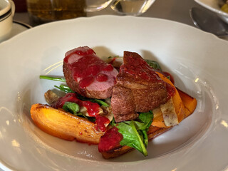 Roasted meat with red sauce and vegetables close-up. Gourmet presentation, contrast, and refined dining atmosphere expressing creativity and taste.