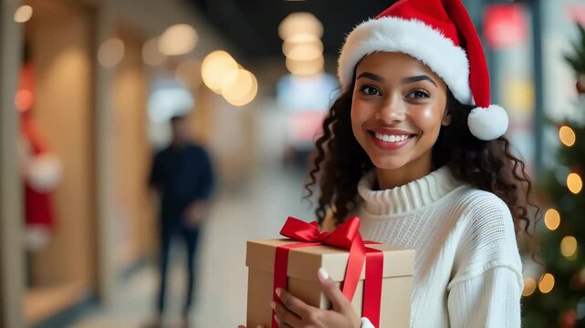 Happy black woman in white sweater and santa hat holding gift box while smiling inside modern shopping mall with christmas decorations. Concept of retail, holiday.