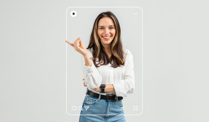 A young woman stands confidently with a warm smile, raising one hand as if pointing to something exciting. She wears a casual outfit with a white blouse and blue jeans, creating a cheerful atmosphere.