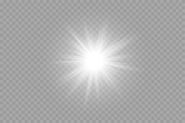 Glowing white flare with sparkle rays isolated on transparent background