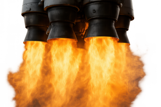 Rocket engine nozzles firing flames and smoke, demonstrating propulsion power for space launch with transparent background