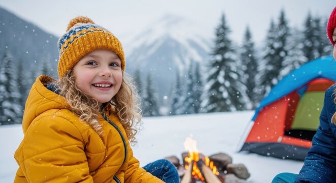 Joyful kids camping in snowy mountains, warming by campfire, creating lasting winter memories together
