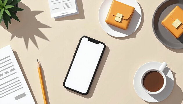 Smartphone mockup featuring blank screen for app design and promotion, with workspace elements scattered on desk. Elegant smartphone mockup display surrounded by plant, pencil,