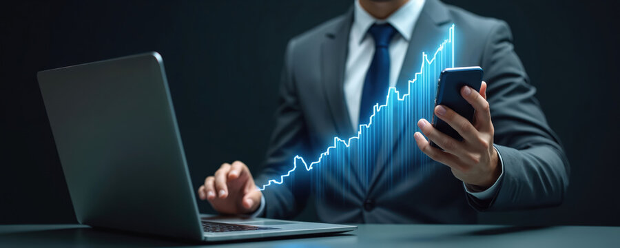 Man in suit uses phone near laptop. Upward trending blue graph shows business growth. Digital analysis, financial success, data progress, future planning.
