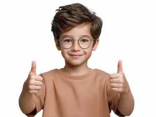 Happy young boy giving thumbs up wearing glasses isolated on white background