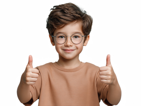 Happy young boy giving thumbs up wearing glasses isolated on white background