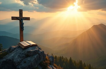 Wooden crucifix with open bible rests on rock peak. Dramatic sunbeams pierce cloudy sky over misty mountains. Represents faith, hope, and spirituality. Iconic religious symbol.