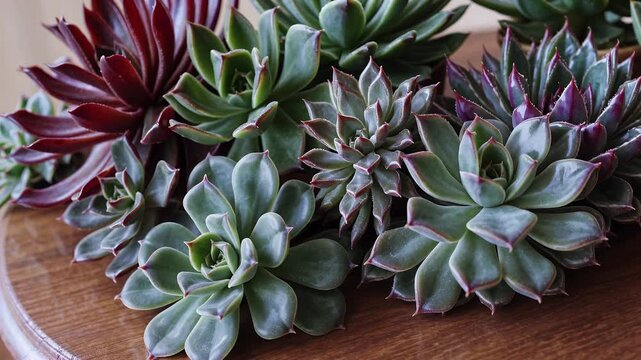 stunning 4K macro footage drought resistant Crassulaceae succulent plants revealing intricate leaf patterns glossy surfaces make perfect minimalist garden design indoor decorative use