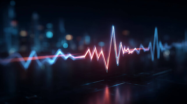 Digital heartbeat line on futuristic screen, health monitoring and wearable tech, glowing interface