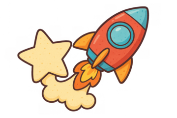 Rocket ship launching, flying in space with star, cute cartoon spaceship traveling, exploration and discovery on transparent background