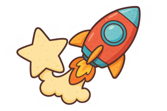 Rocket ship launching, flying in space with star, cute cartoon spaceship traveling, exploration and discovery on transparent background