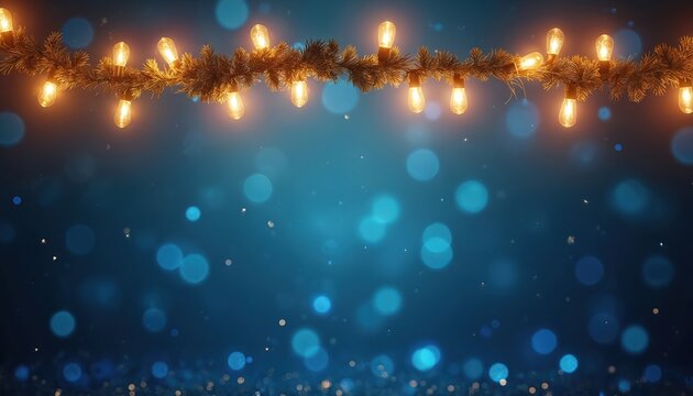 Christmas garland with warm yellow lights hangs above a dark blue bokeh background with glowing particles and circles. Festive holiday atmosphere with shiny defocused elements and soft light.