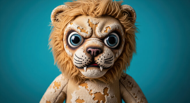 A creepy, distressed stuffed lion toy with angry expression, large blue eyes, and furry mane set against a vibrant blue background.