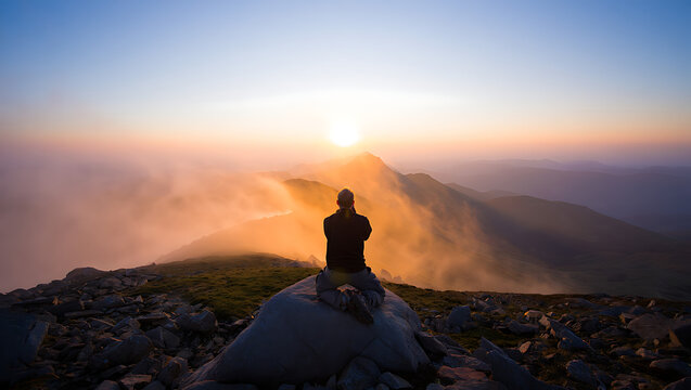Silhouette of a person on a mountain peak watching a vibrant sunrise over a misty valley below Day of Prayer and Repentance