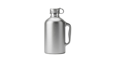 Silver growler, a reusable container for beer, cider, or other beverages, perfect for outdoor adventures and picnics in the park