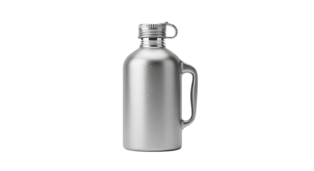 Silver growler, a reusable container for beer, cider, or other beverages, perfect for outdoor adventures and picnics in the park