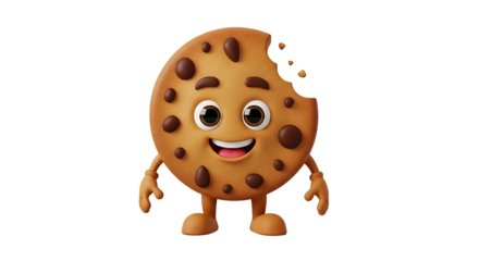 Cartoon cookie character, smiling and missing a bite, a fun mascot for baked goods and sweet treats for children