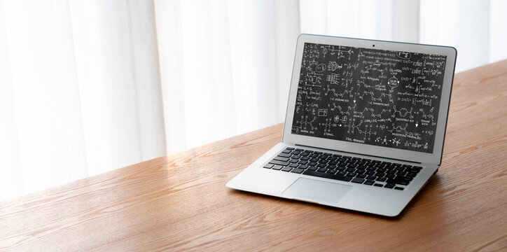 Mathematic equations and modish formula on computer screen showing concept of science and education