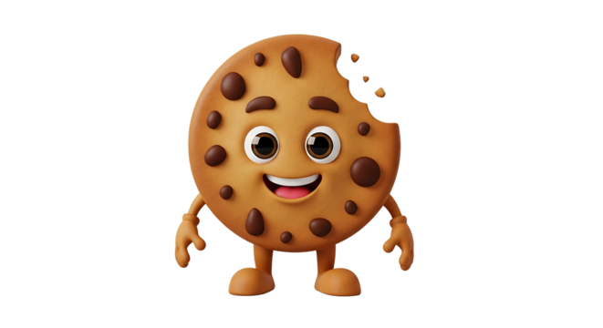Cartoon cookie character, smiling and missing a bite, a fun mascot for baked goods and sweet treats for children