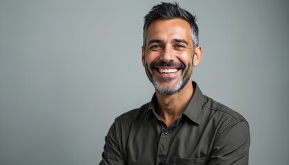 Mature middle eastern man smiles warmly against gray backdrop. Confident and friendly expression. Casual attire, headshot for pro or personal use. Authentic portrait.