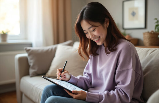 Smiling Asian woman draws on tablet with stylus in her living room. Creative person enjoys digital art hobby at home on couch, sketching ideas for new project or artwork.