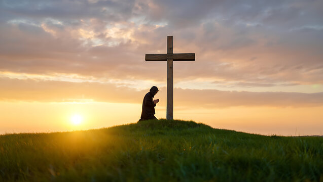 Silhouette of a person kneeling in prayer before a wooden cross on a grassy hill at sunset with a warm sky and sun glow Day of Prayer and Repentance