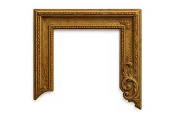 Ornate broken gold picture frame fragment with carvings, classical art border element on transparent background