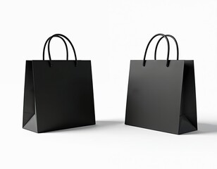 Two black paper shopping bags stand isolated on white background. Empty retail packet mockup set for branding design. Blank luxury gift package for store purchases. Sale, commerce, consumerism