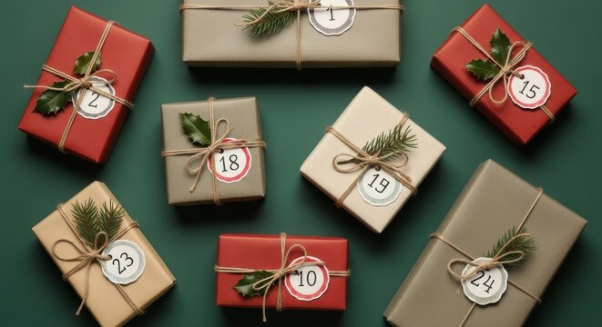 Beautiful advent calendar gifts wrapped with rustic string and festive greenery on dark green background