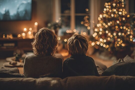 A cozy back view of an adult and child watching TV by a warm, festive Christmas tree.