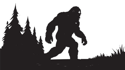 Fototapeta premium Silhouette of Bigfoot walking in the forest mysterious cryptid illustration isolated on white background