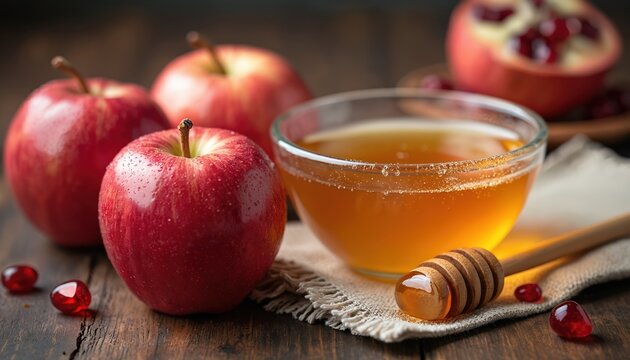 Red apples, honey bowl, and pomegranate seeds on rustic wooden table. Sweet fruit and honey symbolizes Jewish New Year wishes for good fortune and abundance. - Powered by Adobe