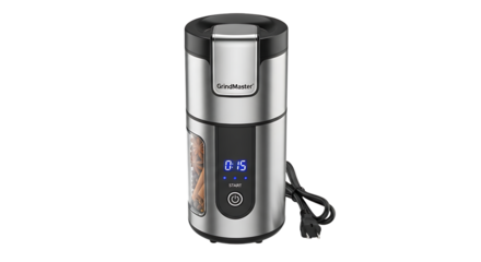 Modern electric coffee grinder, featuring a sleek silver design and digital display for precise grinding control