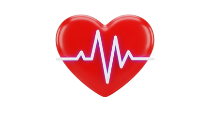 Red heart with heartbeat line, symbolizing health, love, and medical care in a simple and modern 3d rendering style