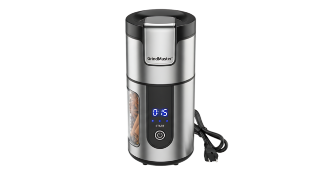Modern electric coffee grinder, featuring a sleek silver design and digital display for precise grinding control