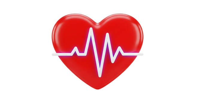Red heart with heartbeat line, symbolizing health, love, and medical care in a simple and modern 3d rendering style