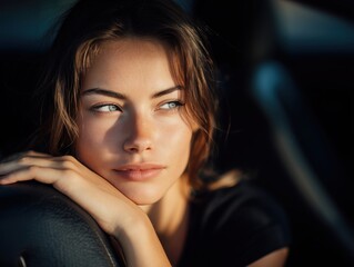thoughtful female driver in car