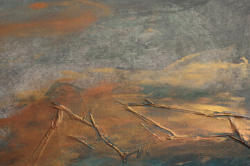 Art Oil, Acrylic brush stroke smear blot landscape painting wall. Abstract grain grunge dirty relief texture gold, bronze, gray color stain background.
